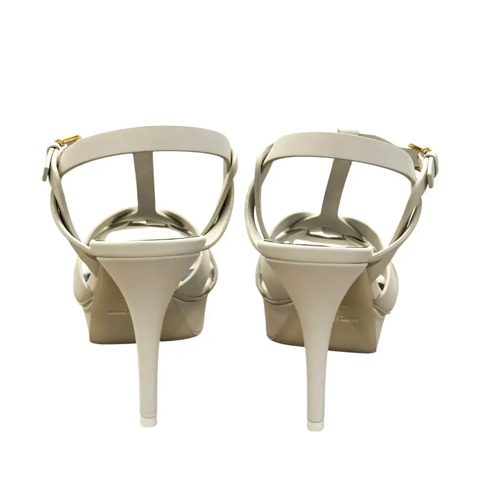 SAINT LAURENT Tribute 75 White Calfskin Platform Heels Sandals Size 37.5 NEW